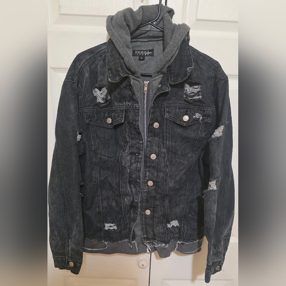 Thrill Black Distressed Denim Jacket with Gray Attached Hood